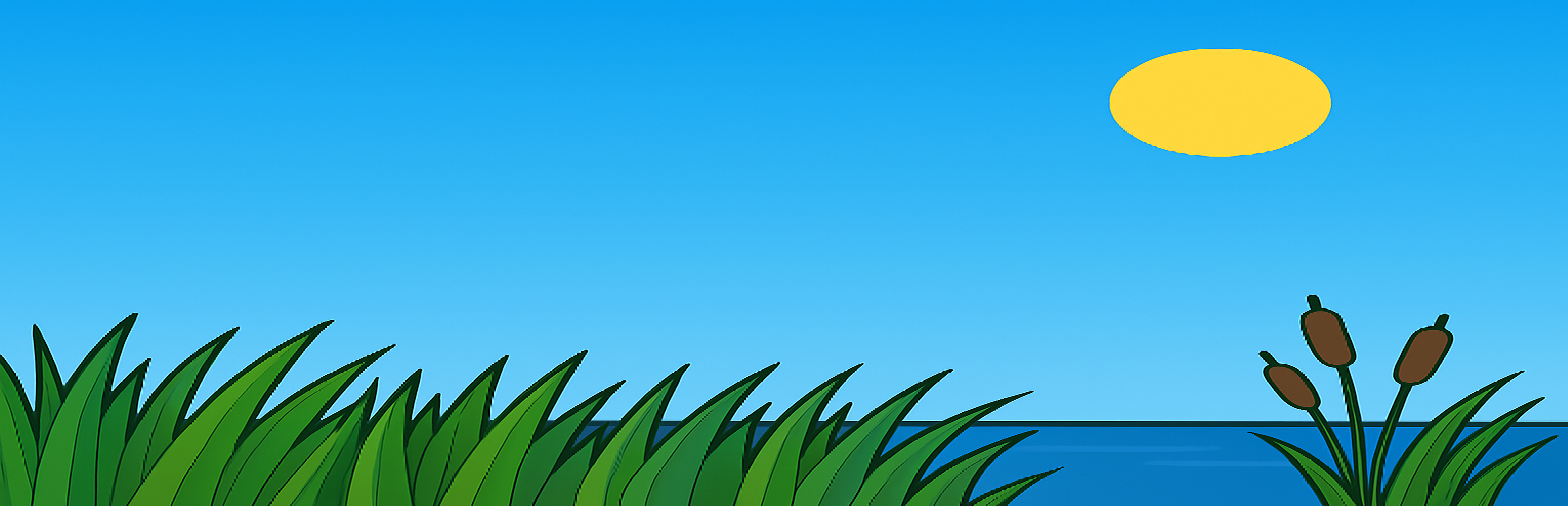 Key art with reeds, pond, and sunny sky